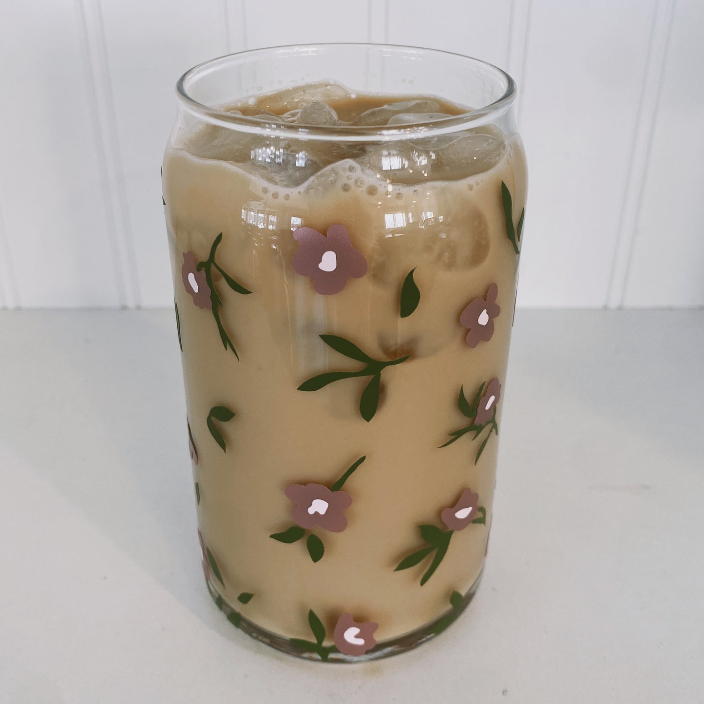 mauve floral vinyl glass can